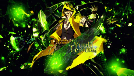 HD PC desktop wallpaper of Yūki Terumi (BlazBlue) — anime-style villain in a yellow hooded coat surrounded by vivid green shards and swirling dark energy.