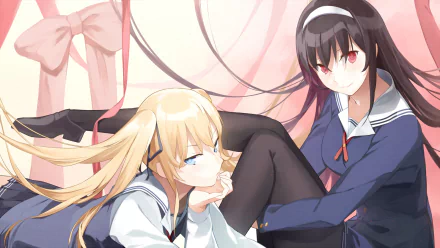 HD anime wallpaper featuring Utaha Kasumigaoka and Eriri Spencer Sawamura from Saekano: How to Raise a Boring Girlfriend, set in a soft, pastel-toned room.