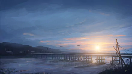 A serene anime-inspired HD wallpaper featuring a bridge at sunset, with vibrant colors illuminating the sky and reflecting on the tranquil water below.