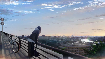 A serene anime scene featuring a figure overlooking a cityscape during sunset, with bicycles nearby, serves as an HD PC desktop wallpaper and background.
