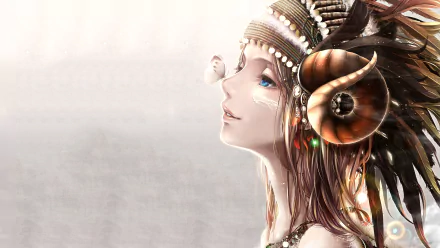Anime-style original artwork of a serene woman with detailed horns and feathers, rendered as an HD PC desktop wallpaper and background.