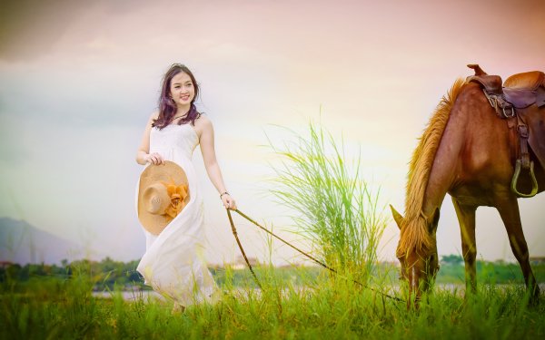 Women Asian Model Horse Grass Hat Brunette Smile White Dress HD Wallpaper | Background Image
