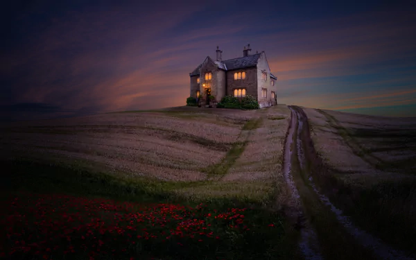 A serene HD desktop wallpaper showing a church on a hill at dusk, with soft twilight light casting a calm atmosphere over the landscape.