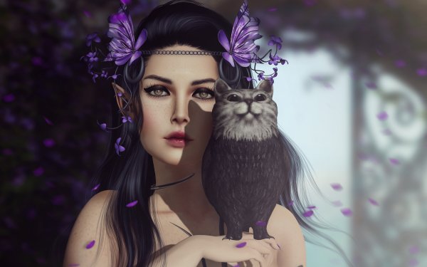 Fantasy Women Flower Pointed Ears Black Hair HD Wallpaper | Background Image