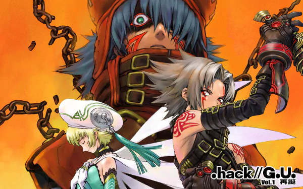 Anime-style HD PC desktop wallpaper featuring characters from .hack//G.U. with dynamic poses and fiery orange background.