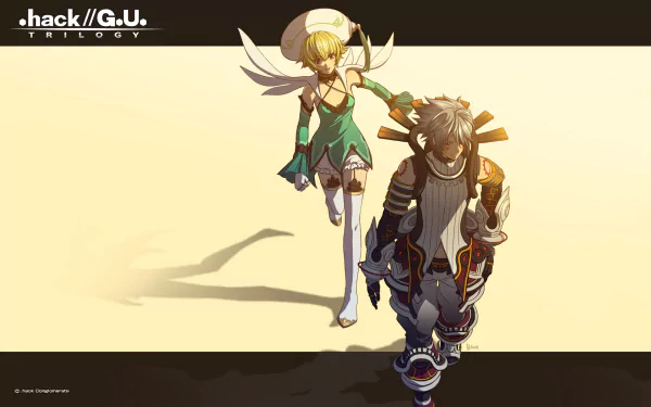 HD PC desktop wallpaper featuring two characters from the anime .hack//G.U. trilogy against a simple, light background.