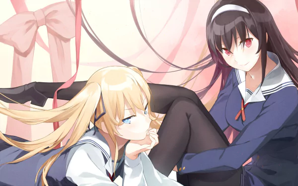 HD anime wallpaper featuring Utaha Kasumigaoka and Eriri Spencer Sawamura from Saekano: How to Raise a Boring Girlfriend, set in a soft, pastel-toned room.