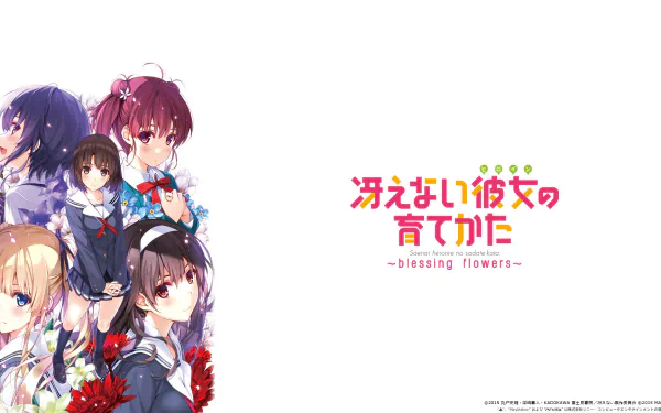 HD PC desktop wallpaper featuring characters from the anime Saekano: How to Raise a Boring Girlfriend against a white background with the series title in Japanese and English.