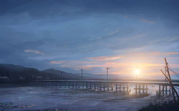 A serene anime-inspired HD wallpaper featuring a bridge at sunset, with vibrant colors illuminating the sky and reflecting on the tranquil water below.