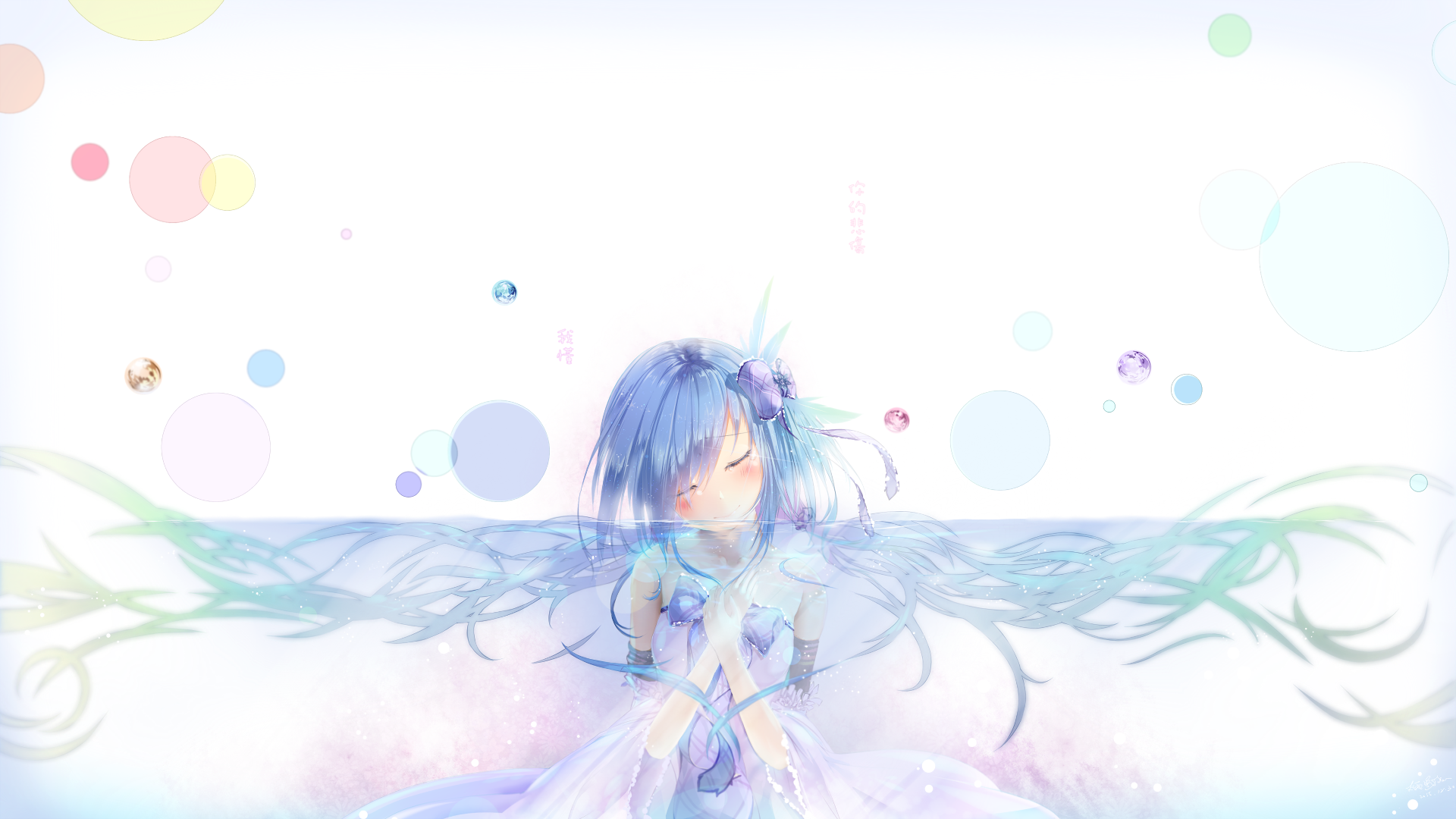A serene anime character with blue hair and delicate wings sits peacefully against a soft, colorful background, making it an enchanting HD desktop wallpaper.