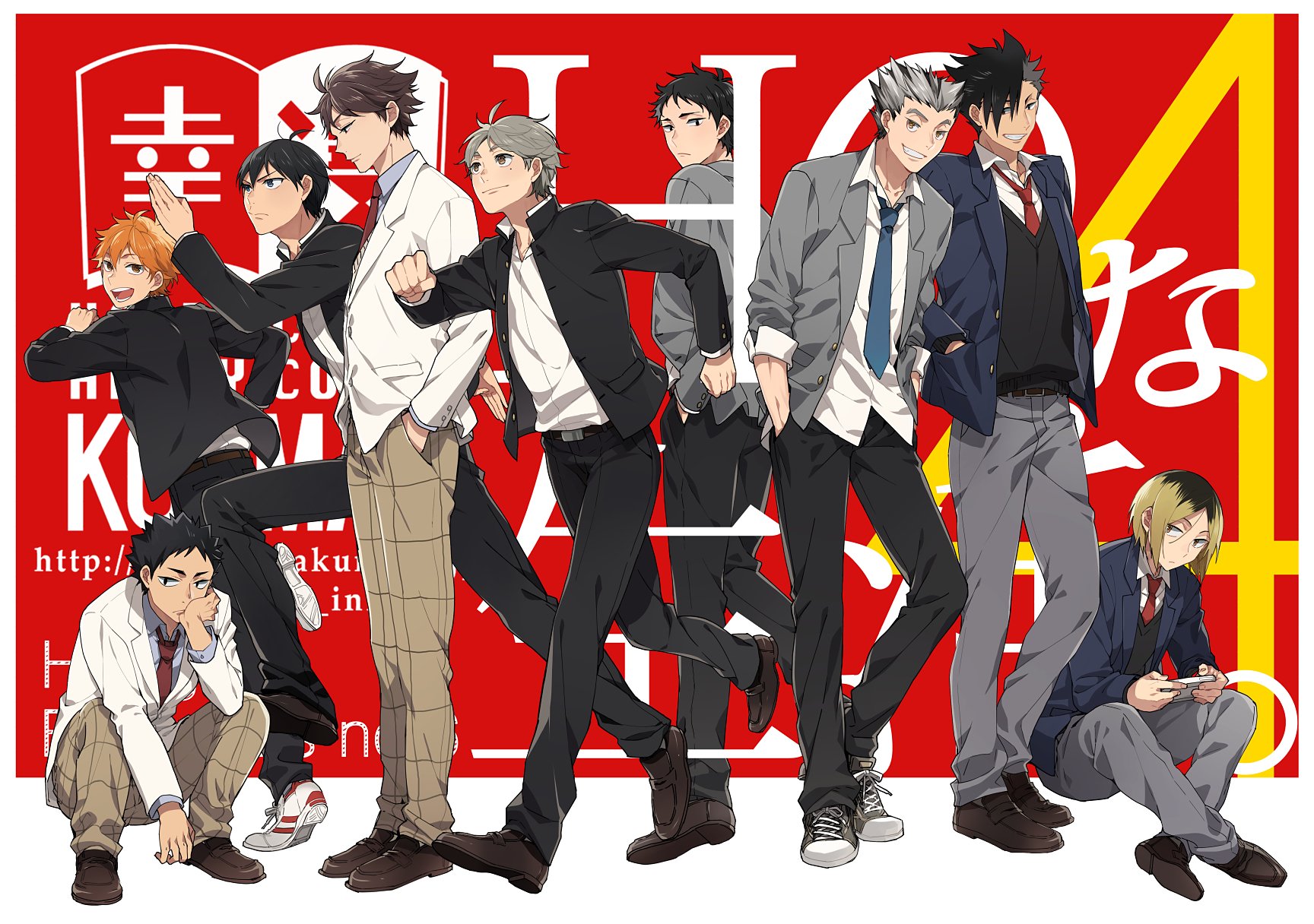 Anime-inspired HD desktop wallpaper featuring characters from Haikyū!!, showcasing dynamic poses and vibrant colors against a bold red background.