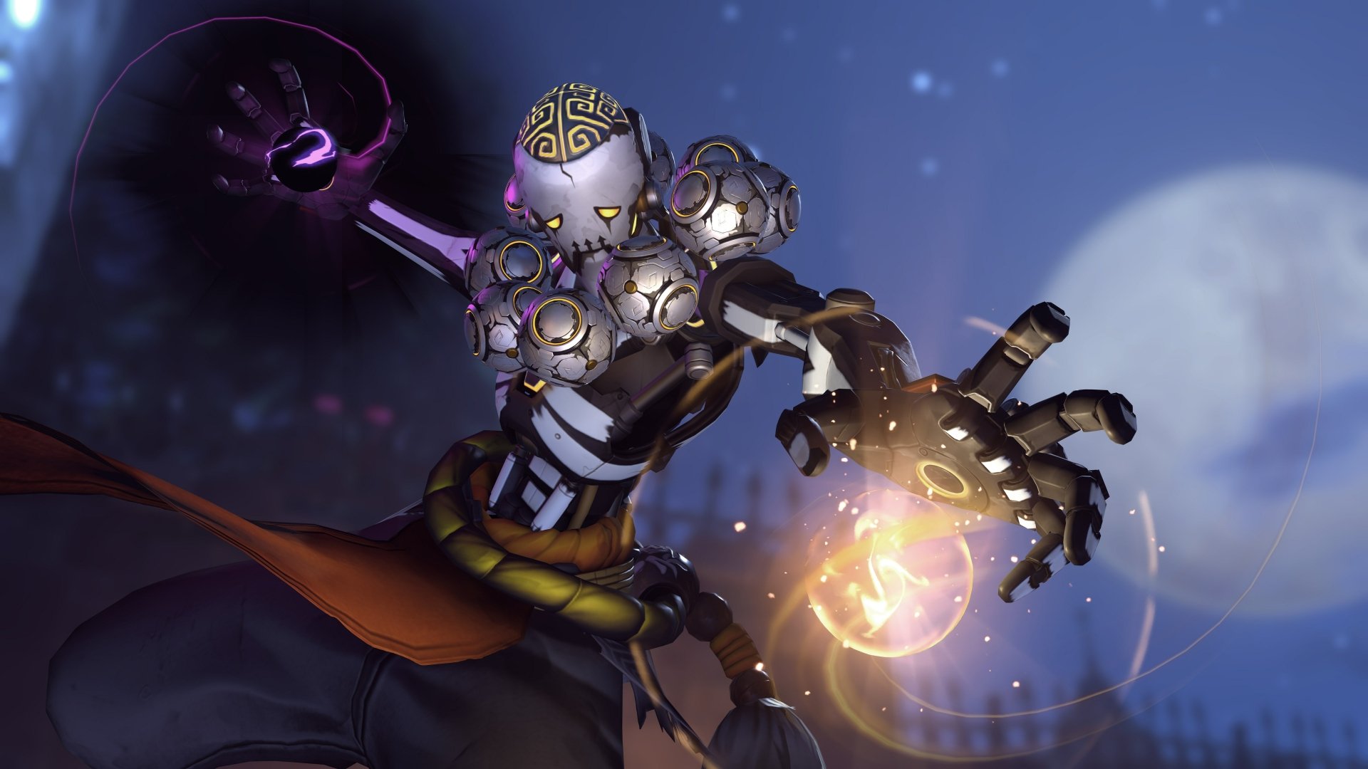 4K Ultra HD wallpaper featuring Zenyatta from Overwatch in a Halloween-themed video game scene with glowing orbs and a full moon backdrop.
