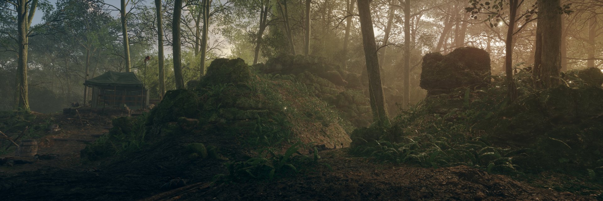 4K Ultra HD Battlefield 1 PC desktop wallpaper featuring a misty, dense forest scene with tall trees and overgrown ruins, capturing the game's atmospheric realism.