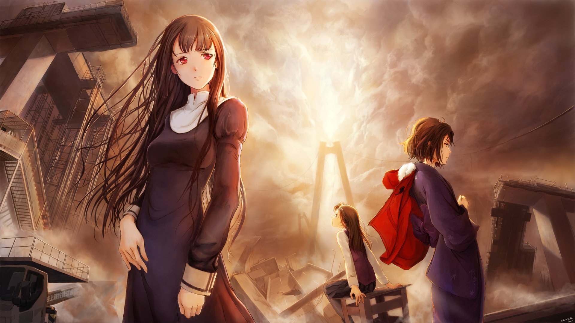 HD wallpaper from Kara no Kyōkai, featuring characters in dramatic poses against a backdrop of destruction, with a striking light illuminating the scene.
