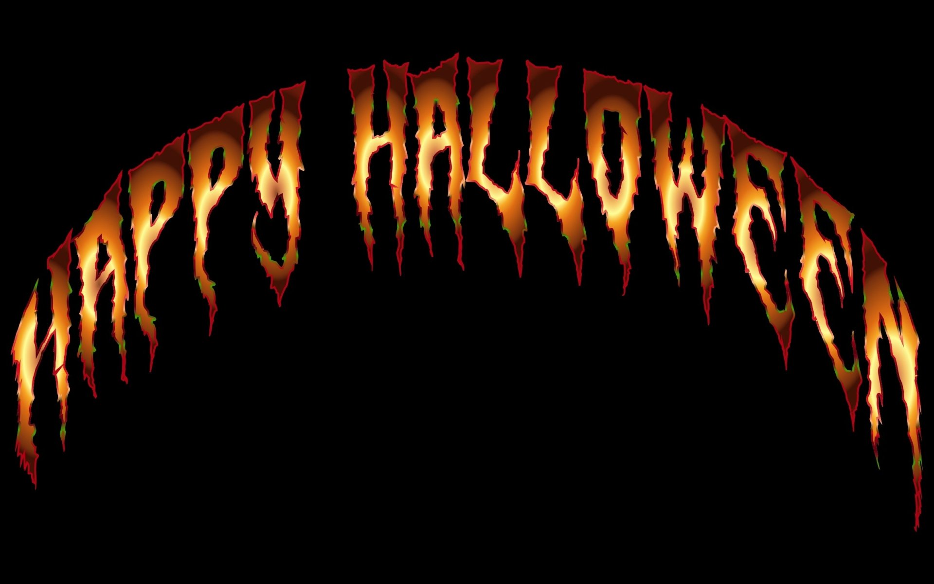 HD PC desktop wallpaper featuring fiery Happy Halloween text on a black background, capturing the spooky holiday spirit.