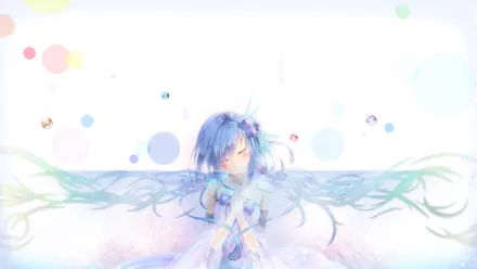 A serene anime character with blue hair and delicate wings sits peacefully against a soft, colorful background, making it an enchanting HD desktop wallpaper.
