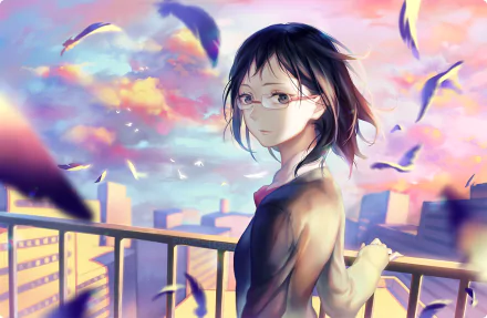 A serene HD wallpaper featuring an anime character gazing thoughtfully over a cityscape, surrounded by colorful clouds and flying birds, inspired by Haikyū!!.