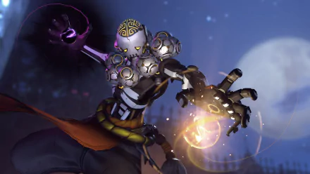 4K Ultra HD wallpaper featuring Zenyatta from Overwatch in a Halloween-themed video game scene with glowing orbs and a full moon backdrop.