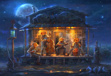 A lively band of pumpkin-headed musicians perform on a porch under a glowing moon, capturing the spirit of Halloween in this enchanting HD wallpaper.