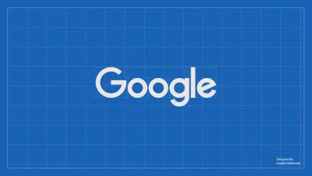HD desktop wallpaper featuring the Google logo on a blue grid blueprint background, blending elements of design and technology.