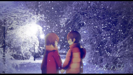 A serene HD wallpaper featuring Kayo Hinazuki and Satoru Fujinuma from the anime Erased, set in a snowy landscape illuminated by soft light.