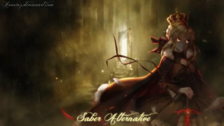 HD anime desktop wallpaper featuring Saber from Fate/Stay Night in a dark, atmospheric setting with glowing eyes and a regal crown, titled Saber Alternative.