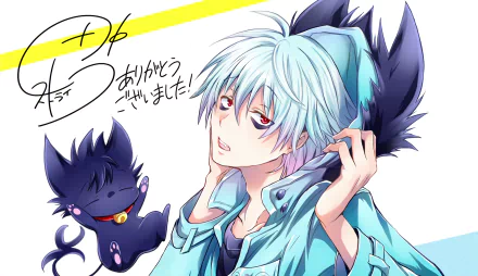 HD desktop wallpaper featuring Kuro from the anime Servamp. Kuro, with his signature blue hair, is seen in a relaxed pose with a small black creature, set against a bright background.