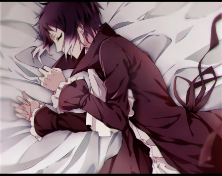 Ryūnosuke Akutagawa from the anime Bungou Stray Dogs lies peacefully on a bed, surrounded by soft pillows, depicted in a serene and artistic HD style.