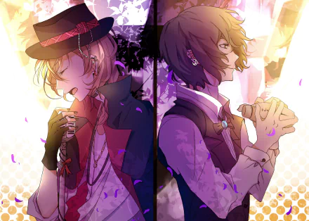 High-definition wallpaper featuring Osamu Dazai and Chuuya Nakahara from the anime Bungou Stray Dogs, showcasing their dynamic poses against a vibrant background.