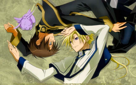 HD PC desktop wallpaper featuring two characters from the anime 07 Ghost lying down, with one character holding a small purple creature.