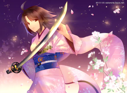Anime-inspired HD desktop wallpaper featuring a character from The Garden of Sinners, wielding a sword amidst glowing cherry blossoms and a purple-hued background.