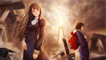 HD wallpaper from Kara no Kyōkai, featuring characters in dramatic poses against a backdrop of destruction, with a striking light illuminating the scene.