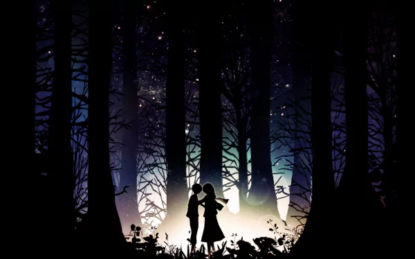 Eren Yeager and Mikasa Ackerman stand together in a dark forest, surrounded by tall trees and a starry sky, creating a captivating atmosphere inspired by Attack on Titan.