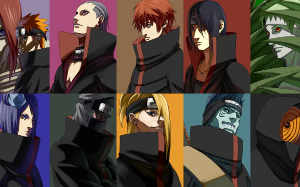 A vibrant HD desktop wallpaper featuring iconic characters from Naruto, including Obito Uchiha, Kisame Hoshigaki, Deidara, Konan, Zetsu, Itachi Uchiha, Kakuzu, Hidan, Sasori, Nagato, and Pain.