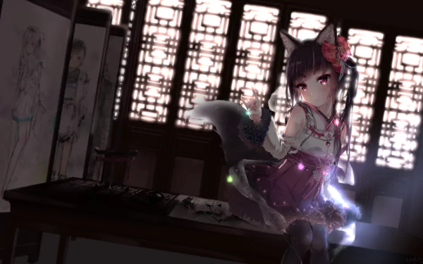Anime-style kitsune character wearing a dress and thigh highs, posed in a detailed interior. This HD wallpaper serves as a vibrant desktop background with intricate, glowing effects.