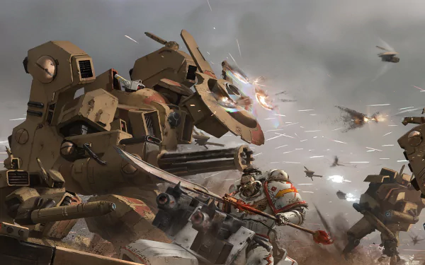 A fierce battle scene featuring a robotic warrior from the Warhammer 40k universe, showcasing Space Marines in combat with futuristic technology and dynamic action elements.