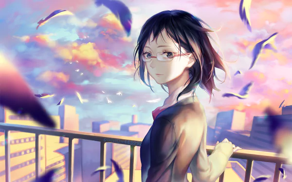 A serene HD wallpaper featuring an anime character gazing thoughtfully over a cityscape, surrounded by colorful clouds and flying birds, inspired by Haikyū!!.