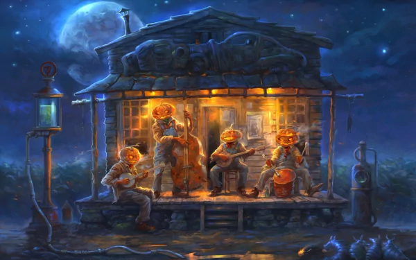 A lively band of pumpkin-headed musicians perform on a porch under a glowing moon, capturing the spirit of Halloween in this enchanting HD wallpaper.
