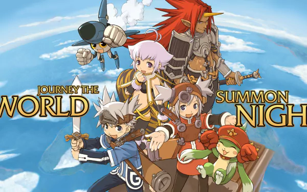 HD PC desktop wallpaper featuring vibrant characters from the video game Summon Night: Swordcraft Story soaring above the clouds with dynamic poses and fantasy elements.