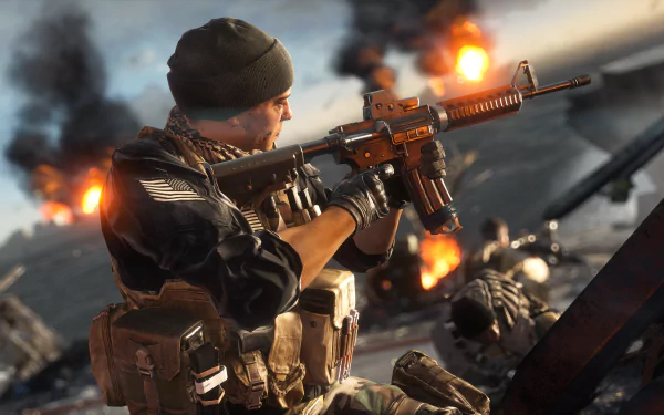 Battlefield 4 video game 8K Ultra HD PC wallpaper: soldier aiming an assault rifle amid burning wreckage and explosions on a chaotic battlefield.