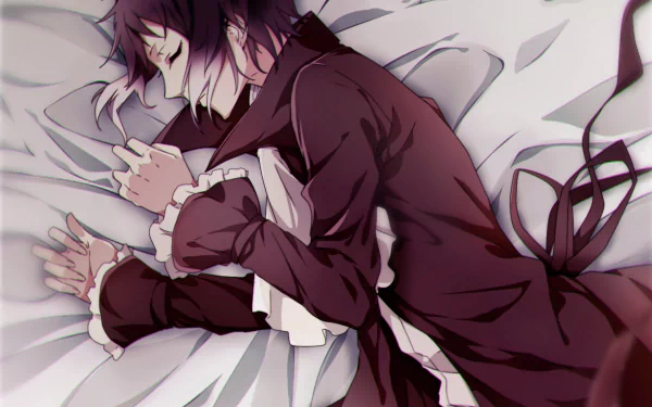 Ryūnosuke Akutagawa from the anime Bungou Stray Dogs lies peacefully on a bed, surrounded by soft pillows, depicted in a serene and artistic HD style.