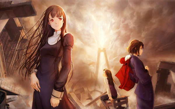HD wallpaper from Kara no Kyōkai, featuring characters in dramatic poses against a backdrop of destruction, with a striking light illuminating the scene.