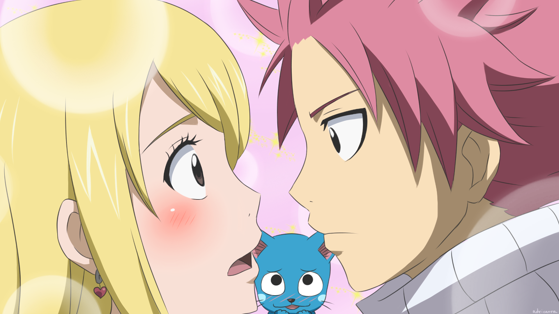 HD anime desktop wallpaper featuring Natsu Dragneel and Lucy Heartfilia from Fairy Tail, with Happy the blue cat between them against a soft pink background.