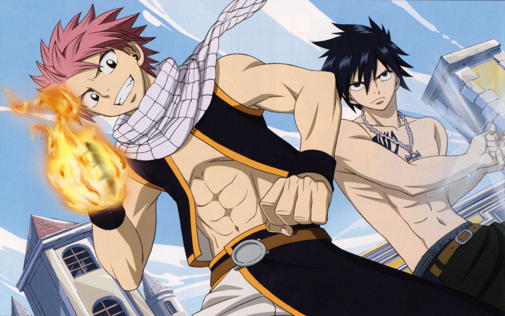 HD anime desktop wallpaper featuring Fairy Tail characters Natsu Dragneel with fiery power and Gray Fullbuster with ice magic in an action pose.