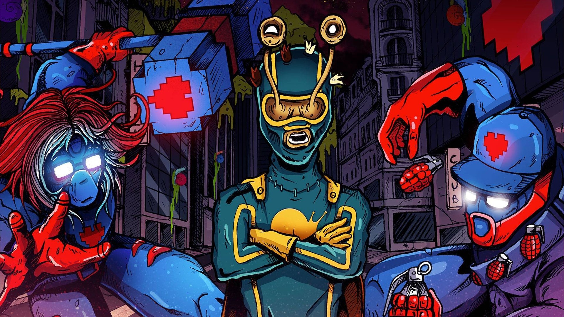 HD PC desktop wallpaper featuring vibrant, futuristic characters inspired by Monstercat music with neon lighting and dynamic urban sci-fi elements.