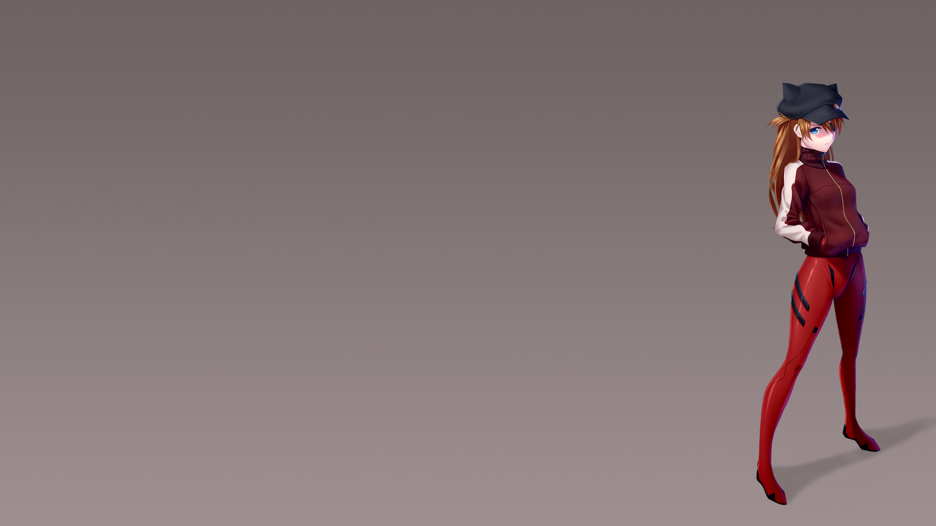 HD PC desktop wallpaper featuring Asuka Langley Sohryu from Evangelion: 3.0 You Can (Not) Redo in her red plugsuit and cap against a gray background.