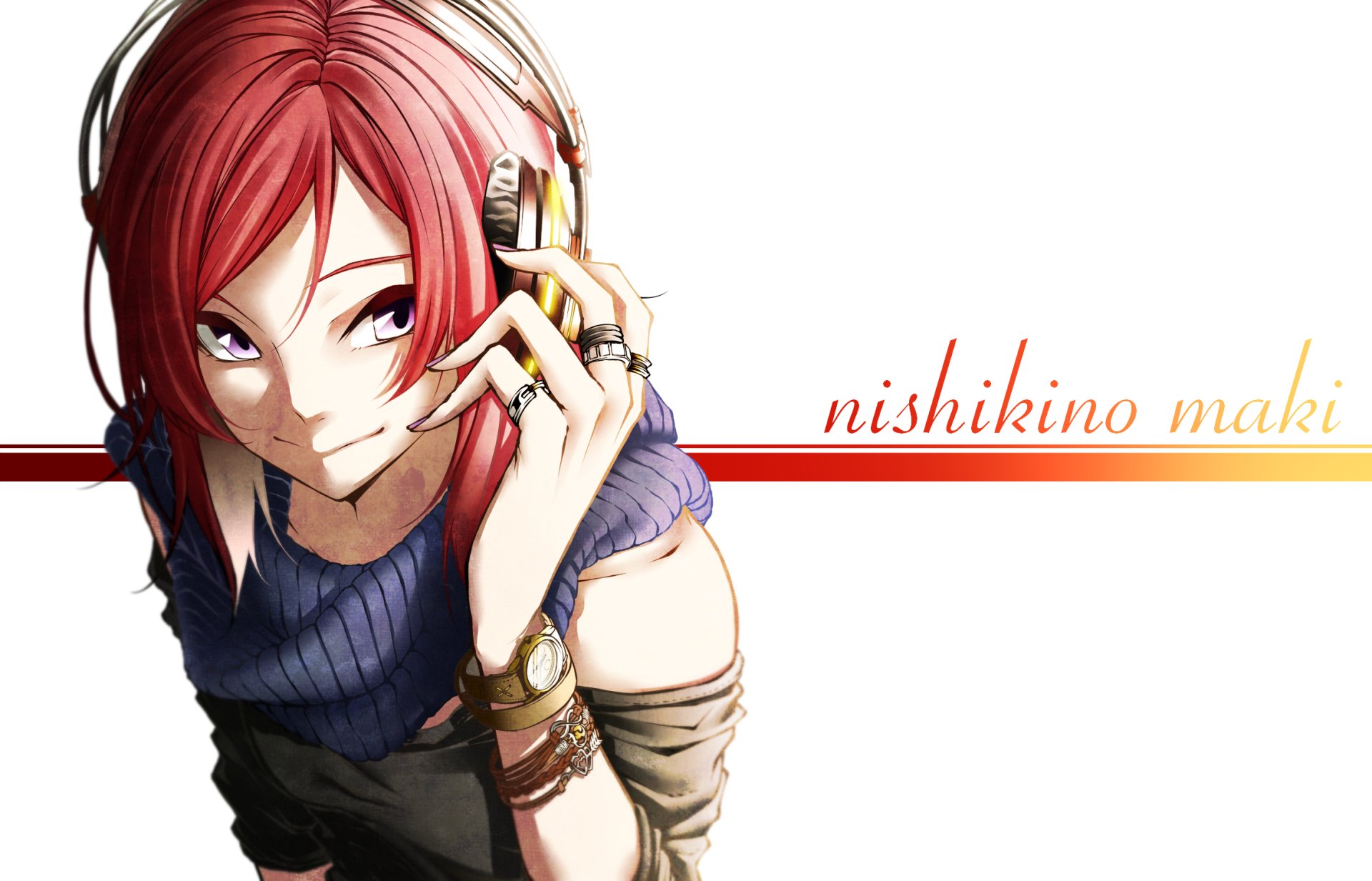 HD PC desktop wallpaper of Maki Nishikino (Love Live!) — red-haired girl with headphones and bracelets, glancing sideways against a white background with her name in red-orange.
