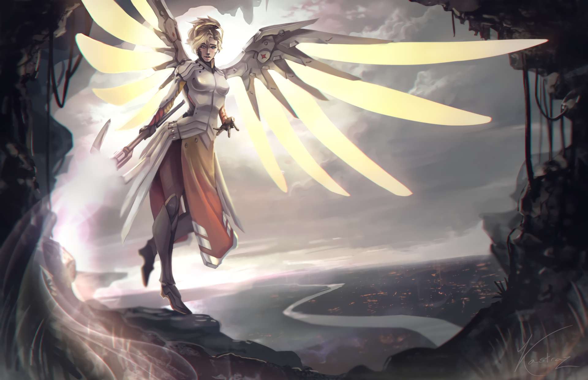An HD desktop wallpaper featuring Mercy from Overwatch, showcasing her angelic design and wings in a dramatic landscape against a moody sky.