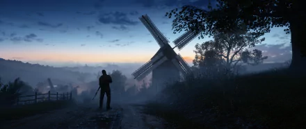 HD wallpaper featuring a scene from the video game Battlefield 1, depicting a soldier silhouetted against a twilight sky with a windmill in the background.
