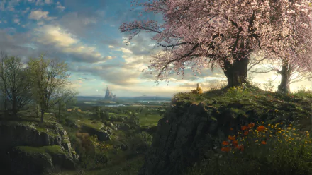 HD fantasy landscape wallpaper featuring a blossoming tree on a rocky hill, overlooking a lush valley with mountains and a distant castle, creating a serene and magical atmosphere.